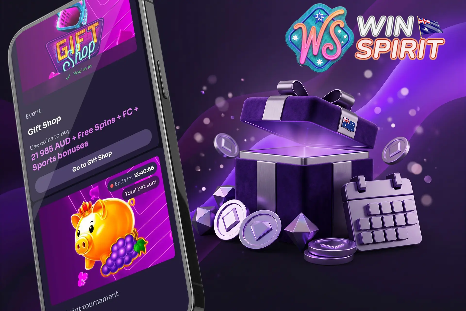 Ongoing promotions and daily rewards for Australian players, illustrated by a mobile event page, a glowing purple gift box, and a calendar icon